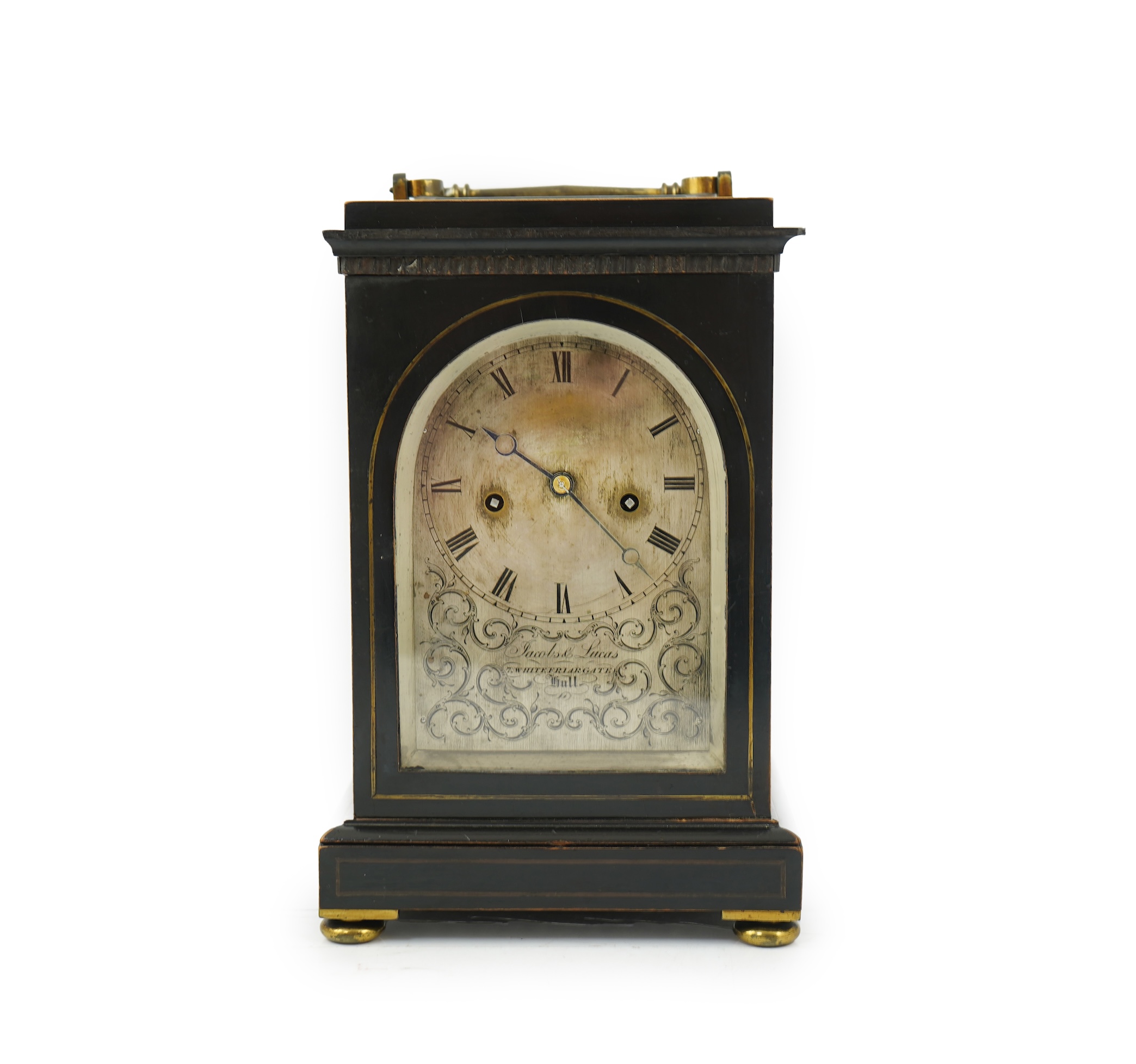 A mid-19th century ebonised double fusee mantel clock by Jacobs and Lucas, 7, Whitefriargate, Hull